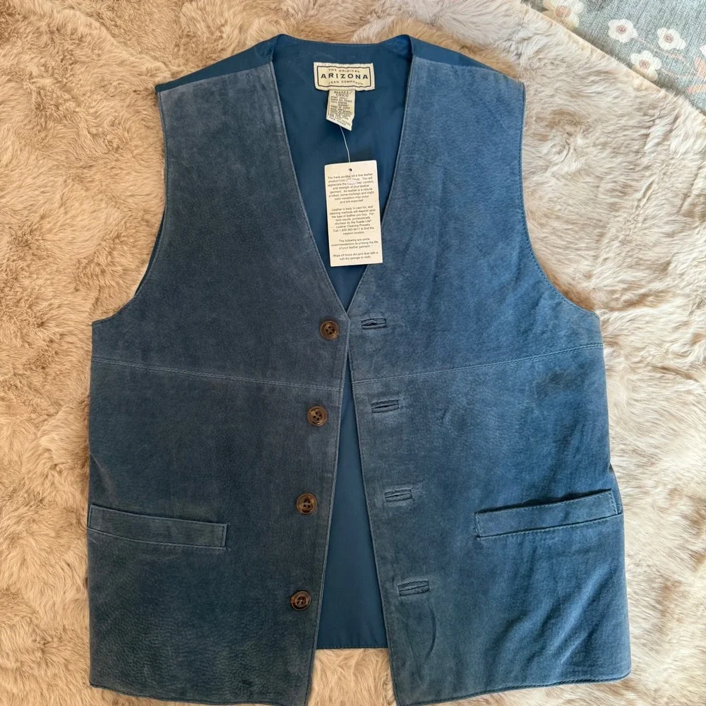NWT Arizona Vintage Suede Leather Blue Vest Button Front Pockets Small Unisex‎